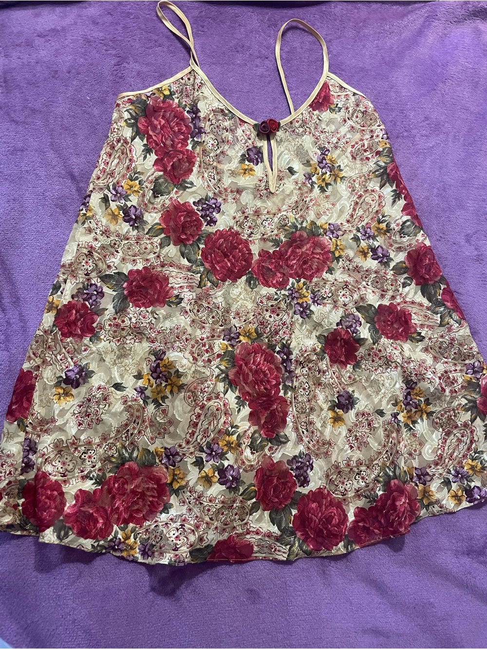 Floral Satin Chemise Nightgown - Cream with Red Rose Print